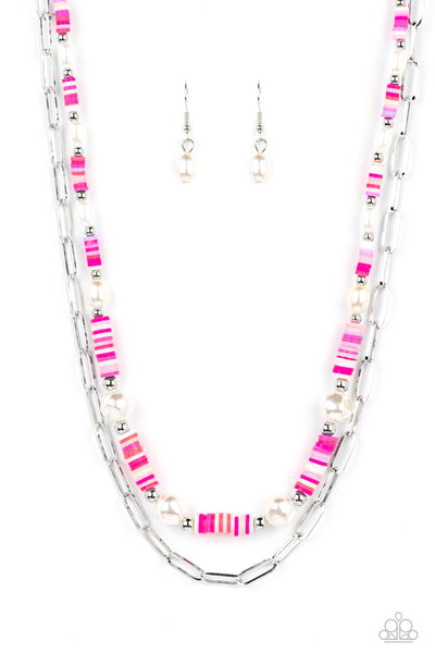 Tidal Trendsetter - Paparazzi - Pink Rubber Disc Pearl Bead Silver Chain Layered Necklace