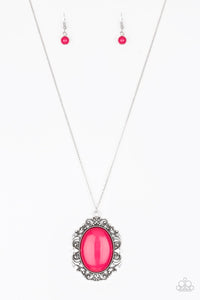 Vintage Vanity - Paparazzi - Pink Oval Silver Filigree Pendant Necklace