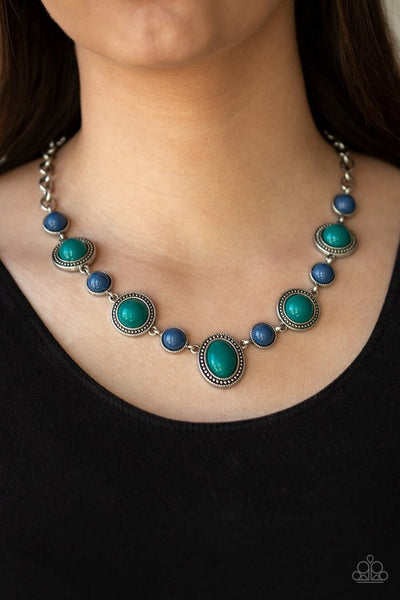 Voyager Vibes – Paparazzi – Multi Green and Blue Bead Silver Frame Necklace