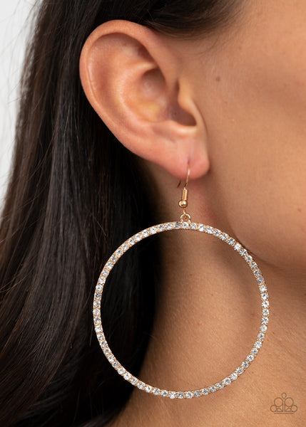 Wide Curves Ahead - Paparazzi - Gold Circular White Rhinestone Earrings