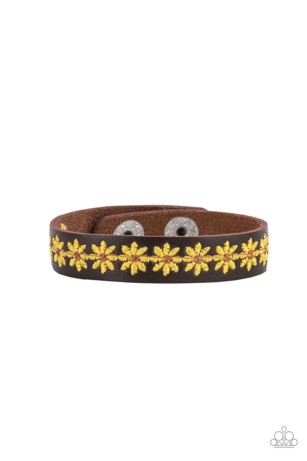 Wildflower Wayfarer - Paparazzi - Yellow Stitched Flowers Brown Leather Snap Bracelet