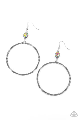 Work That Circuit - Paparazzi - Multi Oil Spill Gem Silver Circle Earring