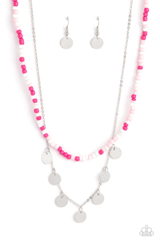 Comet Candy - Paparazzi - Pink Seed Bead Silver Layered Disc Necklace